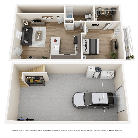 A top-down view of a small apartment with a car parked in the garage.